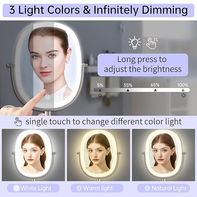 Lighted Wall Mounted Makeup Mirror, Double Sided 1X/7X Magnifying Mirror, 3 Color Lighting Option Dimmable, 360 Rotation Extension Foldable Arm, Oval Frame Rechargeable Vanity Mirror with Lights