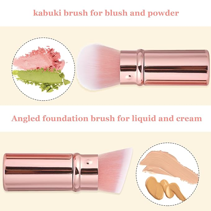 Retractable Makeup Brush 2 Pack, Travel Kabuki Powder Makeup Brush, Foundation Face Blush Brushes for Blending Liquid, Blush, Bronzer, Buffing, Sunscreen,Flawless Cosmetics