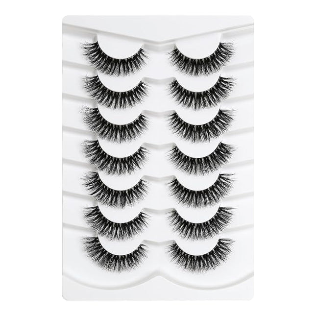 Happy Heartbeat 3D Clear Band Lashes Natural Volume Soft Faux Mink Lashes D Curl Cat Eye Wispy Fake Eyelashes Short Cross Reusable False EyeLashes 7 Pairs (No.197)