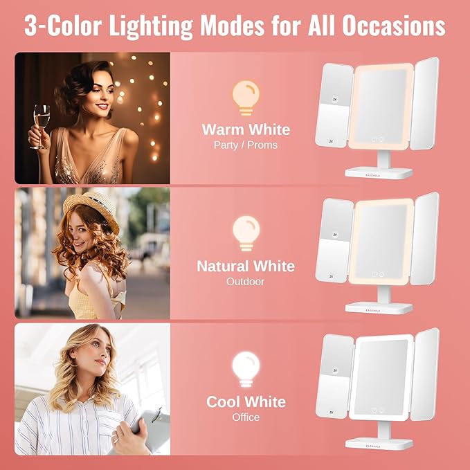 EASEHOLD Vanity Mirror with Lights, 2X 3X Magnification, Trifold, Rechargable, Touch Control - Gifts for Girls & Women