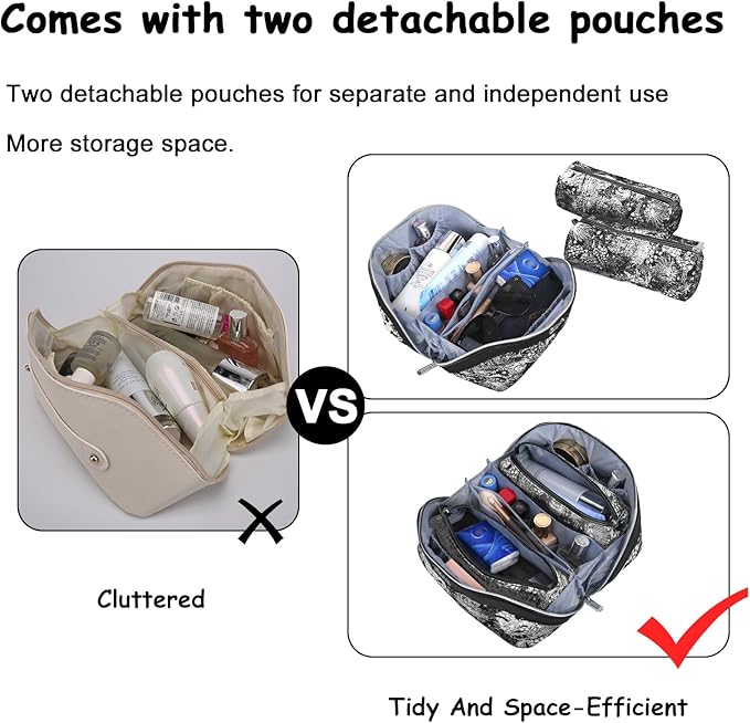 BOYATU Travel Makeup Bag for Women: Large Capacity Make up Bag with Compartments - Vegan Leather Cosmetic Bag set of 3 - Waterproof Toiletry Bag with Handle & Divider(D-02Black)