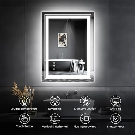LED Bathroom Mirror, 20"x28" Mirror with Front and Backlit, Anti-Fog, Bathroom Vanity Mirror for Wall, Memory, Stepless Dimmable, Tempered Glass (Horizontal/Vertical)
