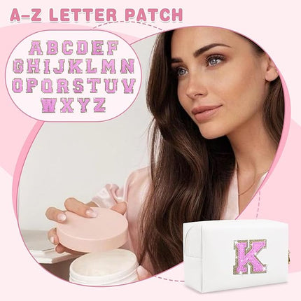 Small Initial Patch Makeup Bag Personalized Gifts Make Up Bag,White Cute PU Leather Glitter Letter Cosmetic Bag with Zipper,Trendy Portable Travel Toiletry Pouch,Preppy Stuff for Teen Girls Women K