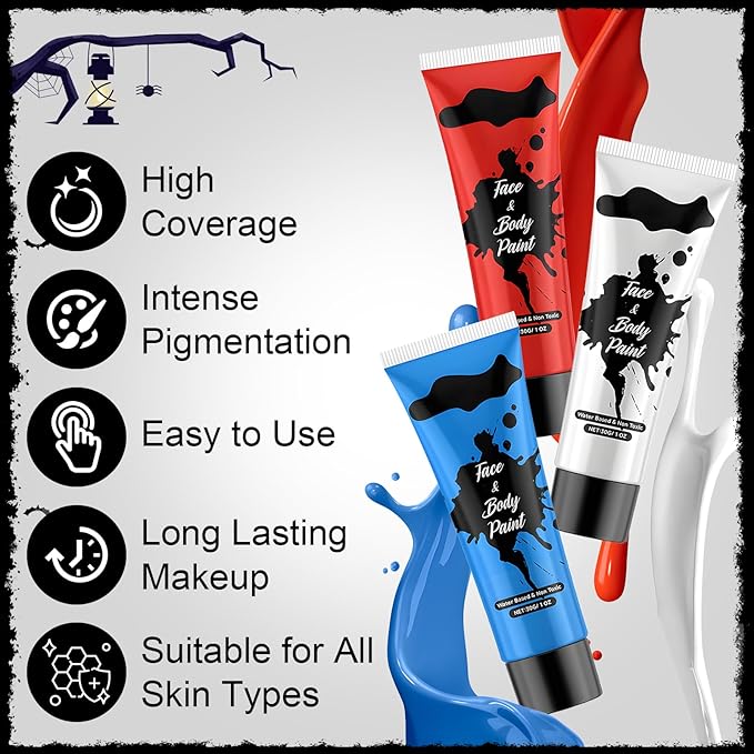 Face Body Paint, Pinturas Para Halloween Full-coverage Multi-Color Cream Makeup Body Paint for Adult Halloween Cosplay SFX Makeup Paint Halloween Cosplay Costume Party, Red+white+Blue 30g*3