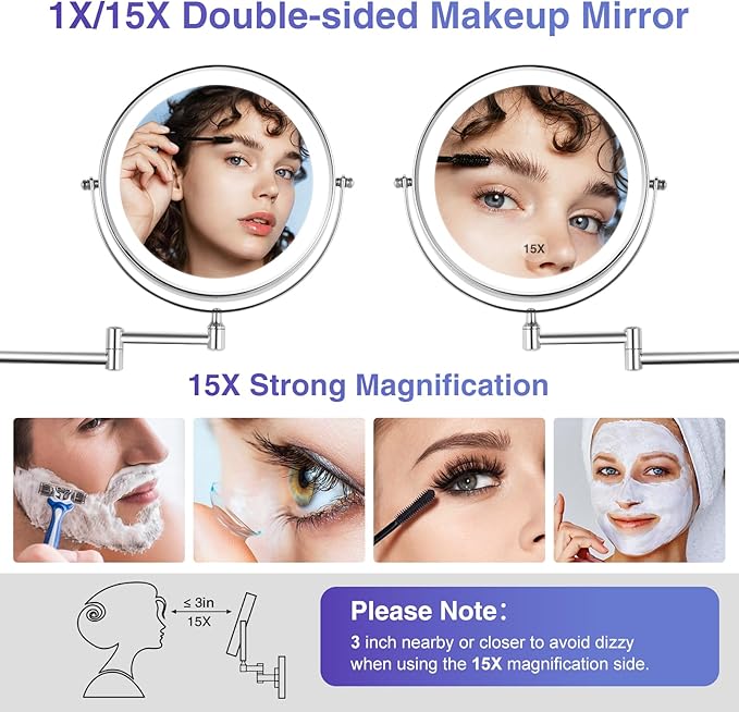 Wall Mounted Lighted Makeup Mirror: 8.5 Inch Double Sided Makeup Mirror with 1X/15X Magnification for Vanity, Bathroom, and Shaving - Chrome