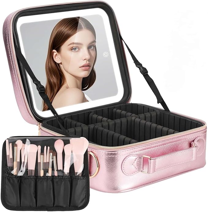 Travel Makeup Bag with LED Mirror, Cosmetic Bags for Women with Light up Mirror, Travel Essentials Makeup Organizer, Makeup Case with Adjustable Dividers and Brush Holder, 3 Color Lights
