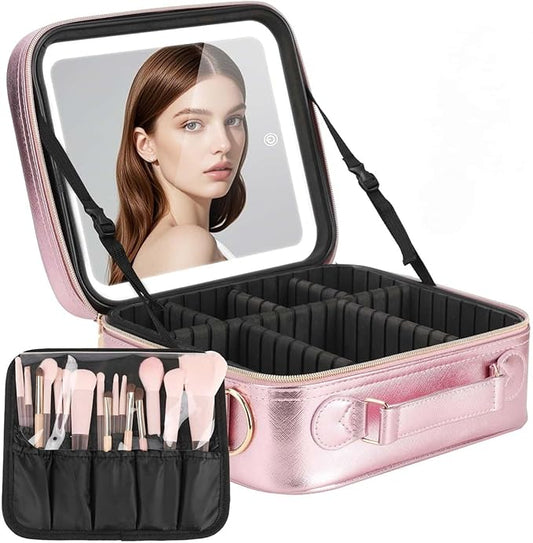 Travel Makeup Bag with LED Mirror, Cosmetic Bags for Women with Light up Mirror, Travel Essentials Makeup Organizer, Makeup Case with Adjustable Dividers and Brush Holder, 3 Color Lights