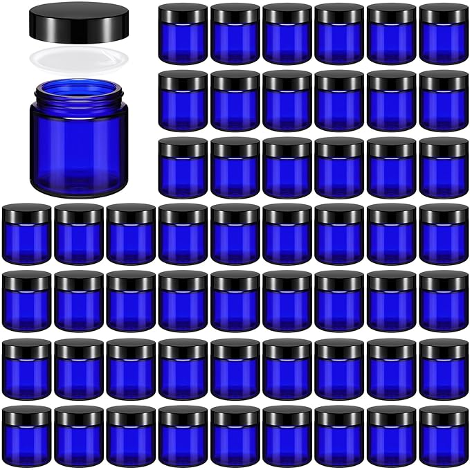 Norme 64 Pcs 4 oz Glass Jars with Lids Leakproof Round Airtight Empty Cosmetic Jars with Inner Liners Lid for Storing Lotions Powder Ointments Candle Making Tins (Blue,Black)
