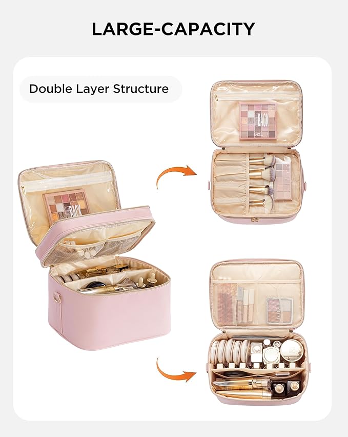 Makeup Bag for Women XL-Large Travel Makeup Bag Organizer Portable Toiletry Bag Cute Makeup Bags Waterproof Leather Cosmetic Bag Makeup Case with Removable Dividers, Pink