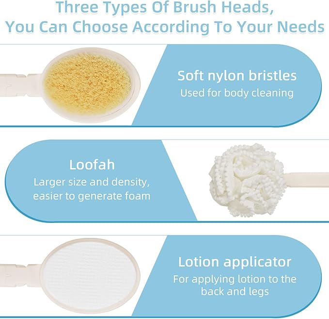 Loofah Sponge with Handle,Back Scrubber Brush for Shower, Lotion Applicator for Back,3 in 1 Shower Kit (White loofah)
