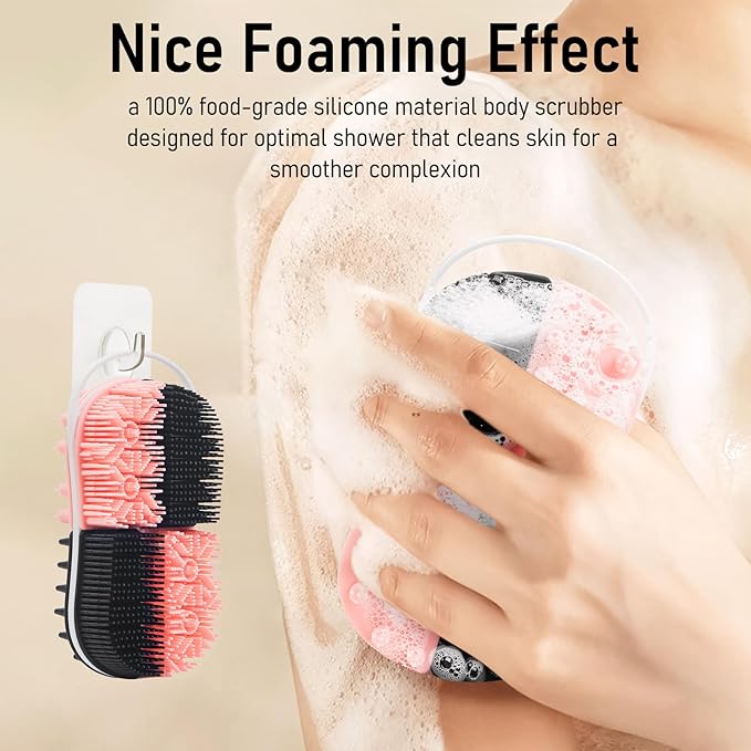 2 in 1 Silicone Body Hair Scrubber Upgraded Bristles Exfoliator Massage Shower Bathing Bath Women Brush Scrubbers for All Skin Body Wash (1pc Black + Pink)