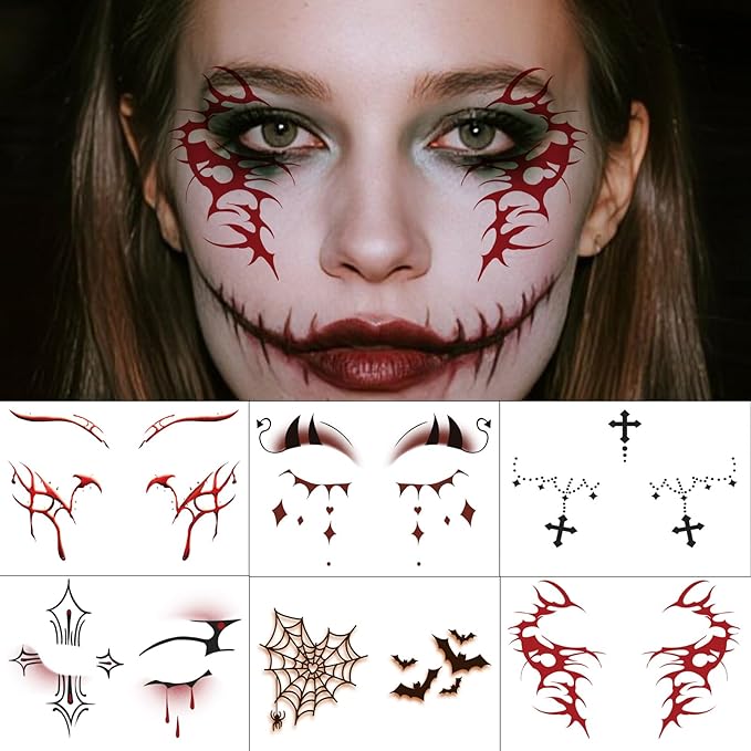 16 Sheets Halloween Face Temporary Tattoo, Spiders Web Bats Skulls Bloody Palm Upper & Lower Lash Realistic Designs Scary Motifs Tattoos for Men & Women Cosplay Party & Festive Face Makeup Decoration