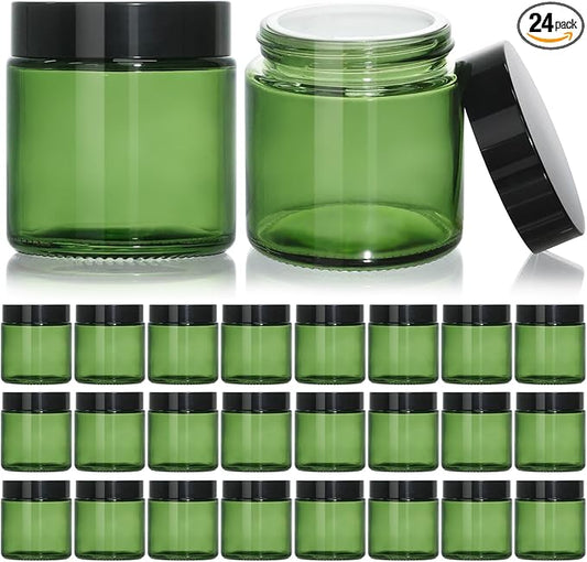 KEYWING 4oz Small Glass Jars with Black Lids, 24 Pack Green Cosmetic Containers Round Glass Jar with Inner Liners for Lotions, Cream, Powders and Ointments