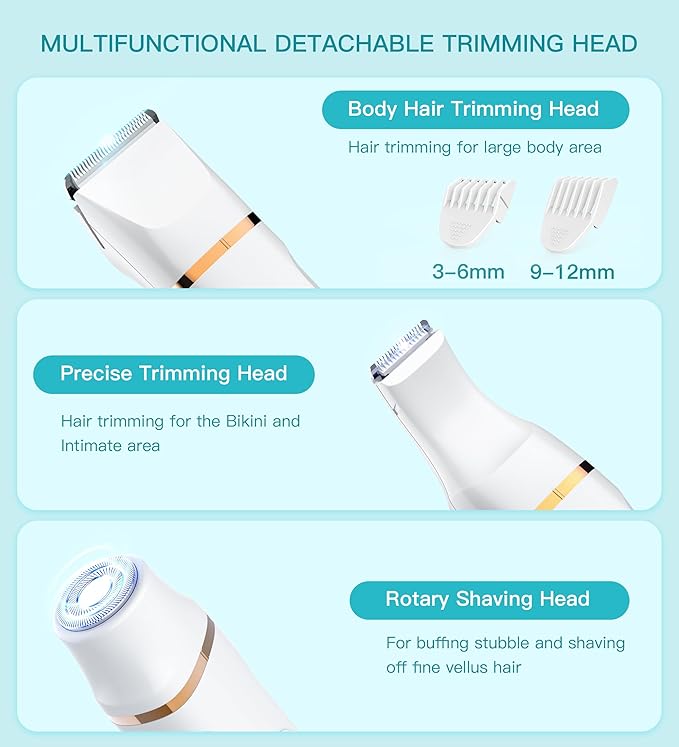 Bikini Trimmer for Women, 3in1 Electric Razor for Women with Facial Trimmers & Intimate Shaver for Sensitive Skin, Waterproof Wet & Dry Use Rechargeable Pubic Hair Trimmer Removal