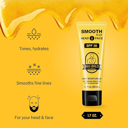 Bee Bald SMOOTH PLUS Head & Face Moisturizer with SPF 30 Sunscreen Lotion Protecting Skin From Harmful UVA/UVB Rays While Hydrating, Moisturizing and Toning, 1.7 Fl Oz (Pack of 2)