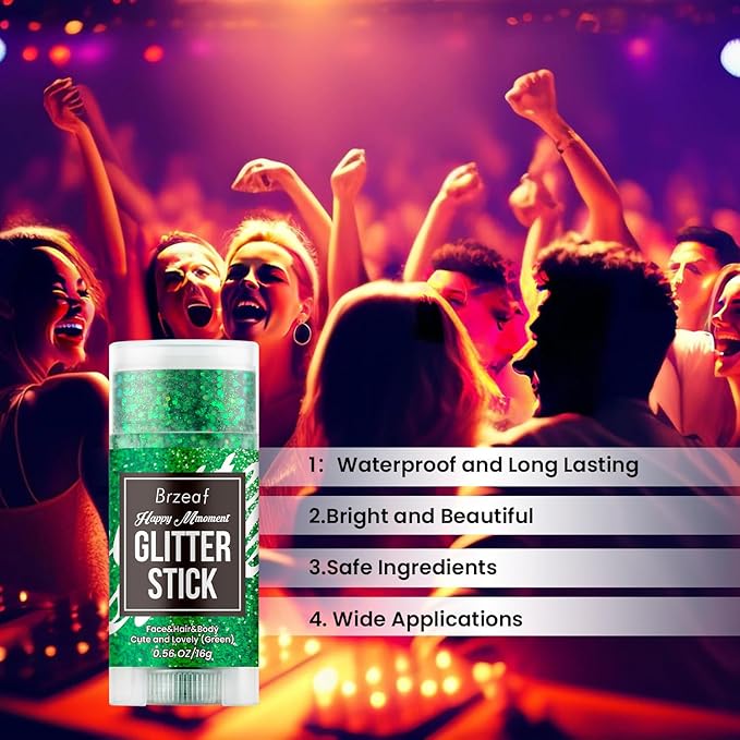 Brzeaf Waterproof Green Body Glitter Stick, Halloween Chunky Glitter for Face/Body/Hair/Eyes/Lip, Singer Concert Music Rave Festival, Glitter Stick Makeup & Face Glitter Gel for Women Men 0.56 OZ