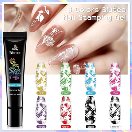 Biutee Nail Stamper Kit 12Pcs Nail Art Stamping Plate 8 Colors Stamp Polish Gel with Top Coat and Base Coat Set Silicone Stamper Scraper, Nail Stamp Plates Love Flower Butterfly Leaf Valentine Design