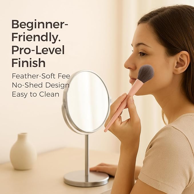 BEAKEY Pink Makeup Brushes Set–10 Pcs Taklon Bristles for Foundation Powder Blush Contour Eyeshadow & Concealer with Durable Birch Handles