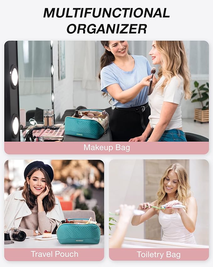 BAGSMART Makeup Bag Cosmetic Bag, Travel Makeup Bag,Water-resistent Makeup Bags for Women Portable Pouch Open Flat Make Up Organizer Bag for Toiletries, Brushes, Teal