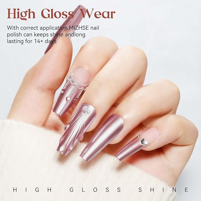 MIZHSE Pink Mirror Nail Polish, Quick Dry Metallic Nail Polish, Air Dry Fast Chrome Nail Lacquer Bright Color Oil-based Nail Art Manicure DIY Home
