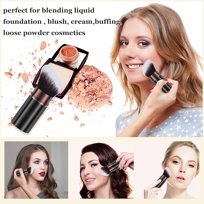 Retractable Kabuki Makeup Brush,Face Blush Brushes Powder Foundation Makeup Brush for Blending Liquid, Blush, Bronzer, Buffing, Sunscreen,Flawless Cosmetics