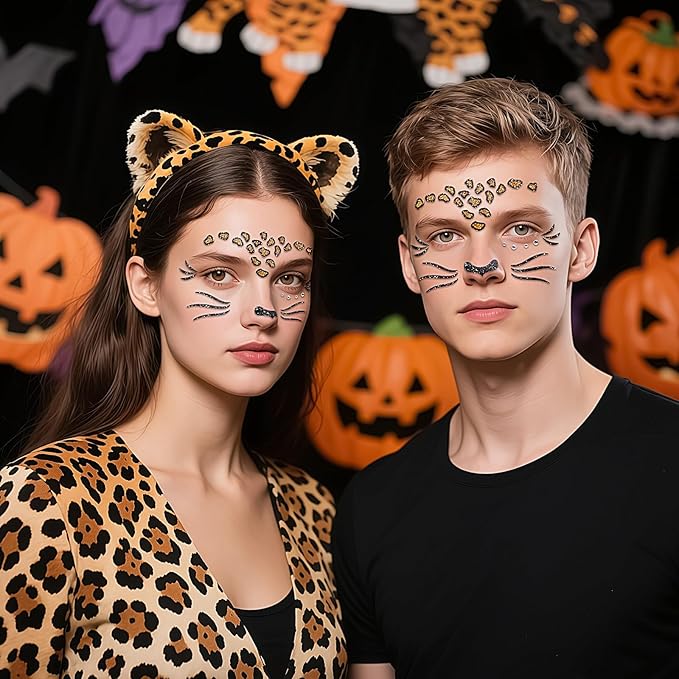 Face Stickers Gems Halloween Temporary Tattoo Sticker Animals Face Sticker Decal Body Face Self-adhesive Sticker Stage Makeup Party Cosplay Decoration 2pcs (cheetah)