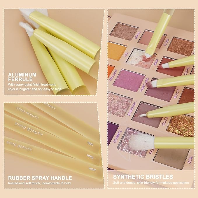 5pcs Yellow Eyes Make up Brush Set Soft Fiber & Rubber Handle Premium Small Brushes Kit, Includes Concealer, Blending, Eyeshadow, Dual-ended Brow and Lash Brushes ideal for Eye Makeup