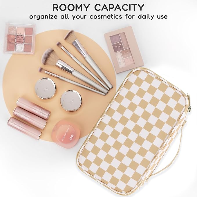Relavel Travel Makeup Bag with Brush Holder, Dual-Layer Small Cosmetic Organizer, Portable Toiletry Bag for Accessories Storage, Cute Make Up Bag for Gift, Trip, Camp, Daily Use - Plaid