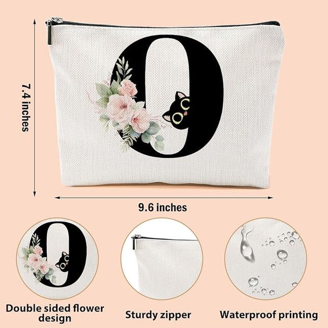 Floral Cat Initial Makeup Bag, Personalized Skin Care Bag, Travel Organizer Toiletry Bags for Women Mom Friends, Cosmetic Bags Makeup Pouch with Zipper, Letter O