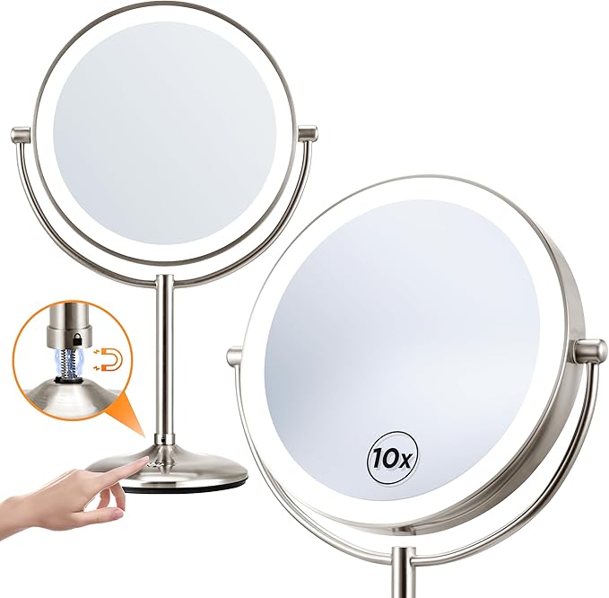 Lighted Makeup Mirror with Magnification: 1X/10X Magnifying Vanity Mirror with 3 Color Dimmable Light, 9" Large Rechargeable Standing Desk Mirror, Base Touch & Base Charging Port, Touch Sensor, Nickel