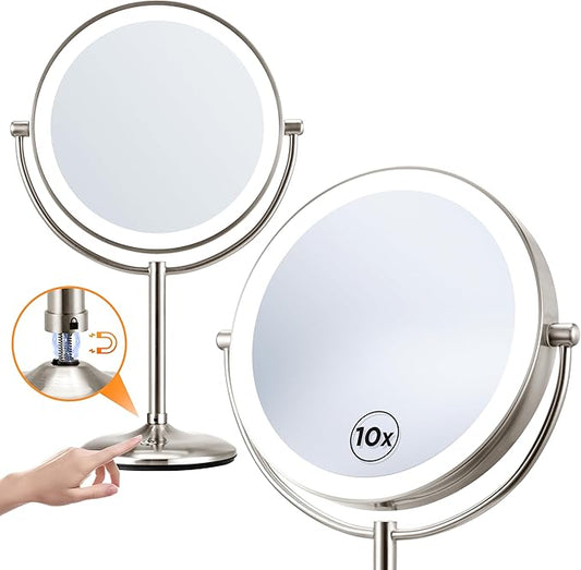 Lighted Makeup Mirror with Magnification: 1X/10X Magnifying Vanity Mirror with 3 Color Dimmable Light, 9" Large Rechargeable Standing Desk Mirror, Base Touch & Base Charging Port, Touch Sensor, Nickel