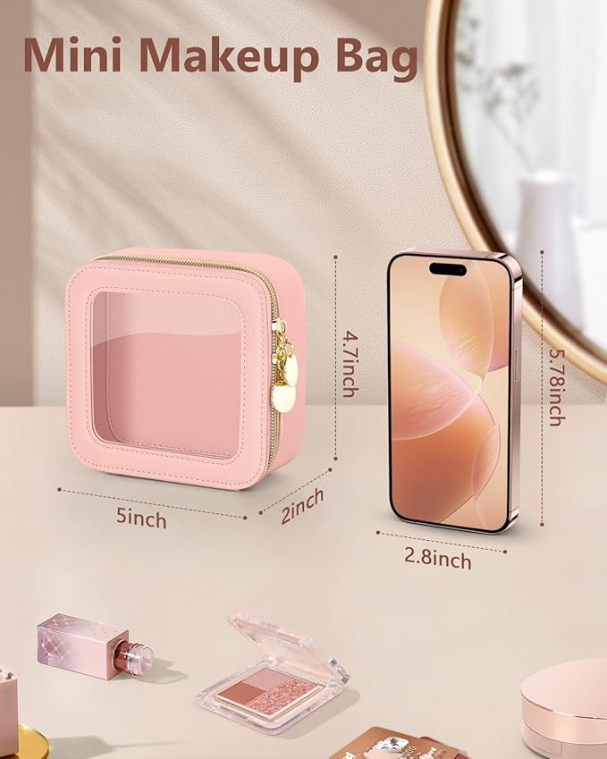 Clear Makeup Bag, Portable Travel Cosmetic Bags, Multipurpose Leather Toiletry Bag with Zipper, Waterproof Transparent Cosmetic Organizer for Women, Mini, Pink