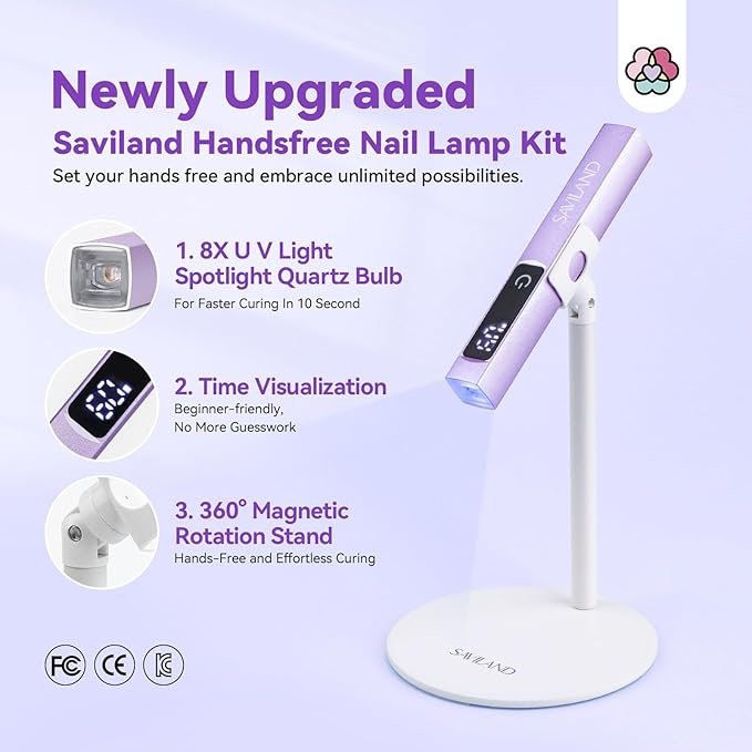 SAVILAND Handheld U V Light for Gel Nails: Magnetic Stand & 10S Flash Cure Mini Nail Light 3-Timer Modes Portable LED Nail Lamp Nail Dryer Cordless Gel Lamp LCD Screen Home DIY Manicure Purple