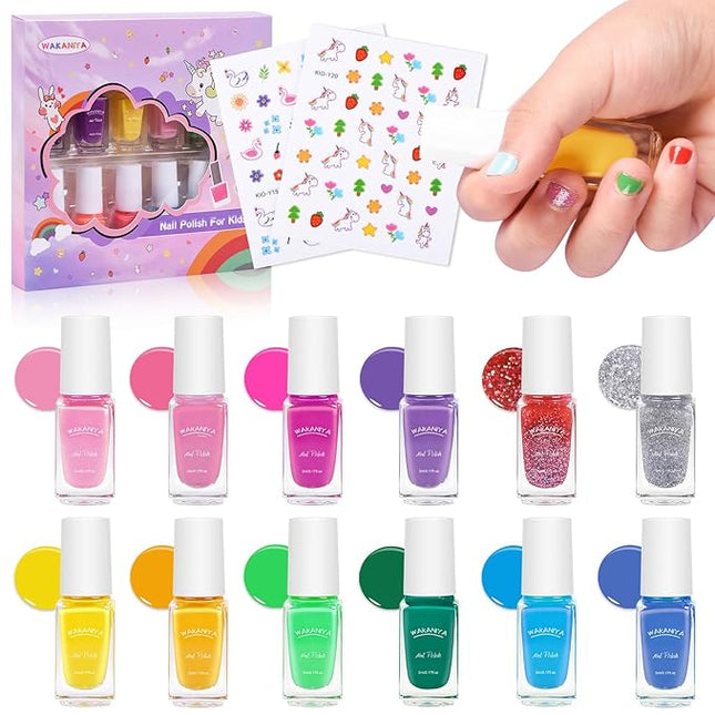 wakaniya Kids Nail Polish Set for Girls - 12 Candy Colors Safe Toddler Nail Kit with Nail Stickers, Water Based NonToxic Peel Off Quick Dry Nail Polish for Girls