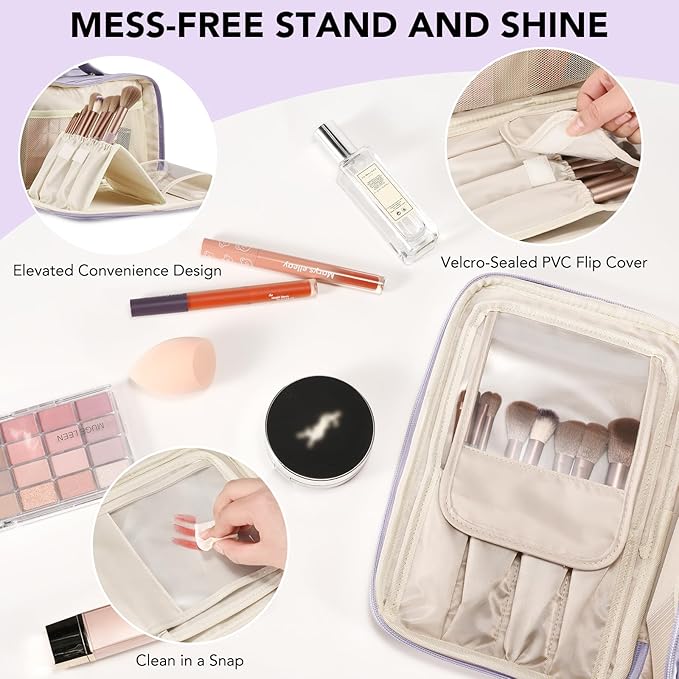 Travel Makeup Bag Women's Large Capacity Cosmetic Portable Organizer Large Opening Waterproof Storage Toiletry Bags Vertical Free-Standing Brush Holder for Easy Access Purple
