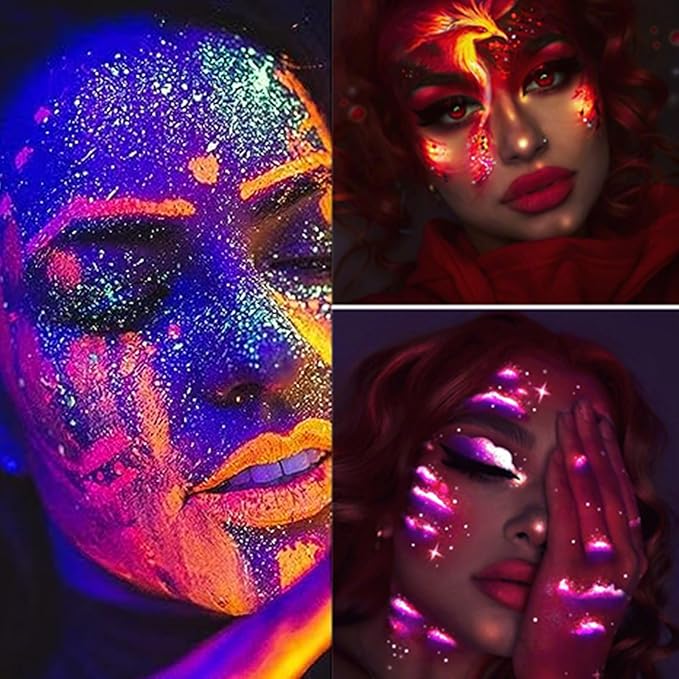 Go Ho UV Blacklight Neon Hot Pink Face Body Paint,Water Based Bright Color Neon Fluorescent Body Paint with Cushion Applicator,Glow In The Dark Under UV Lighting Party Halloween Makeup Washable