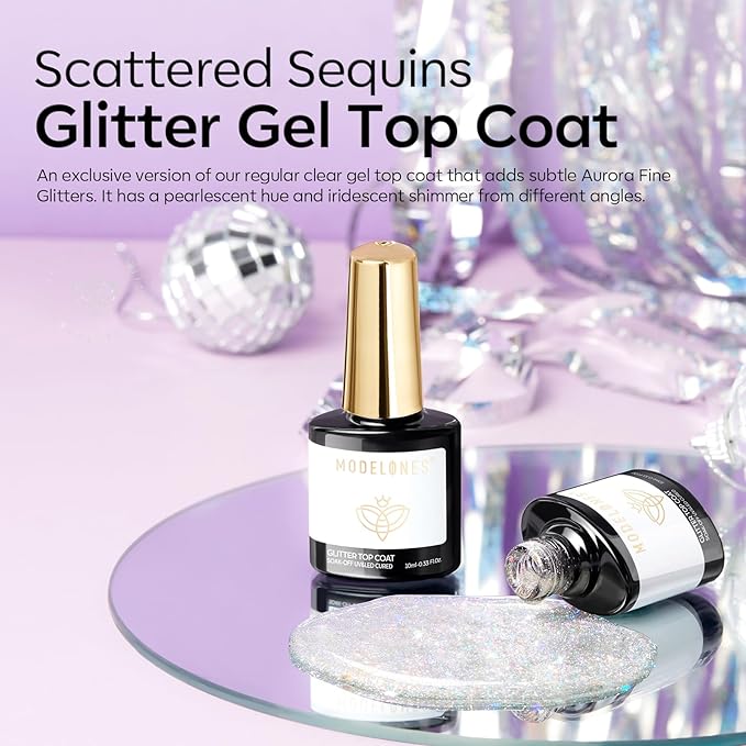 modelones Glitter Gel Nail Polish Top Coat, Rainbow Confetti Gel Top Coat with Scattered Sparkle Shimmer Sequins, Soak Off Long Lasting High Glossy Finish Home Salon DIY Manicure Nail Art 10 ML