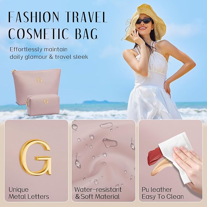 Women Gifts | Initial Makeup Bag Set for Girl Personalized Gifts for Bridesmaid Friend Graduation Teachers PU Leather Cosmetic Travel Toiletry Bag(Pink,G)