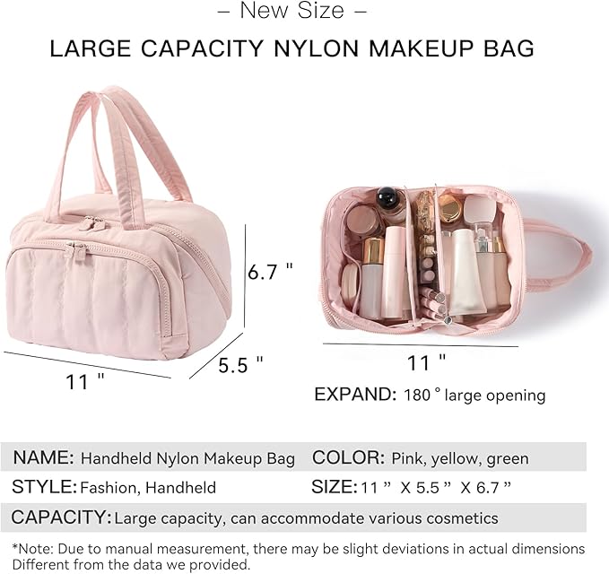 Makeup bag, Large Capacity Cosmetic Bag for Women, Portable Wide-open Toiletry Bag, Travel Makeup Bag with TPU Compartments for Accessories, Essentials, Toiletries, Makeup Brush Bag