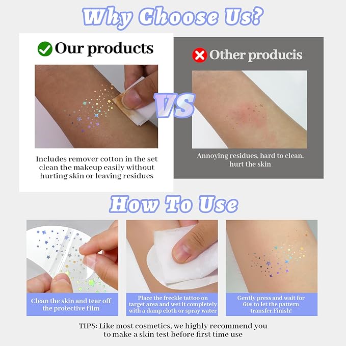 8Pcs Chameleon Glitter Freckles Face Tattoo, Cute Star Holographic Multichrome Waterproof Glitter Speckles Patches, Long Lasting Temporary Tattoos Sticker Makeup for Festive Rave Accessories02