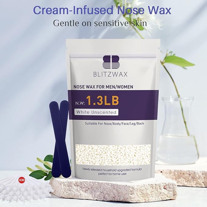BLITZWAX Hair Removal Hard Wax Beads Unscented 1.3lb Waxing Beans Kit with 30 Nose Waxing Sticks for Sensitive Skin, Face, Back, Body, Brazilian and Coarse Hair, Home Wax Pearls for Men Women, White