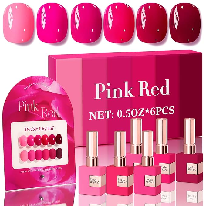 Double Rhythm 6 Pcs 15 ML Gel Polish Set Same Color Same Bottle Soak Off Gel Polish Kit Nail Art Manicure Salon DIY at Home for Women (Neon Light Pink Purple Burgundy Red-T6-8)