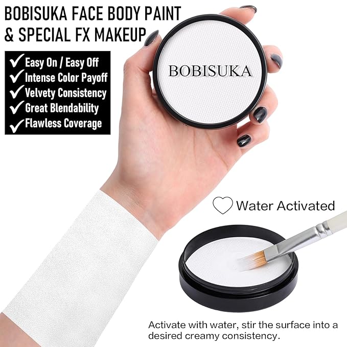 BOBISUKA Clown White Face Body Paint, Water-Based Face Painting Kit & Body Paints, Kids Adults Facepaint for Halloween Goth Skeleton Mime Ghost SFX Makeup, Costume Cosplay Party Art Theater & Stage
