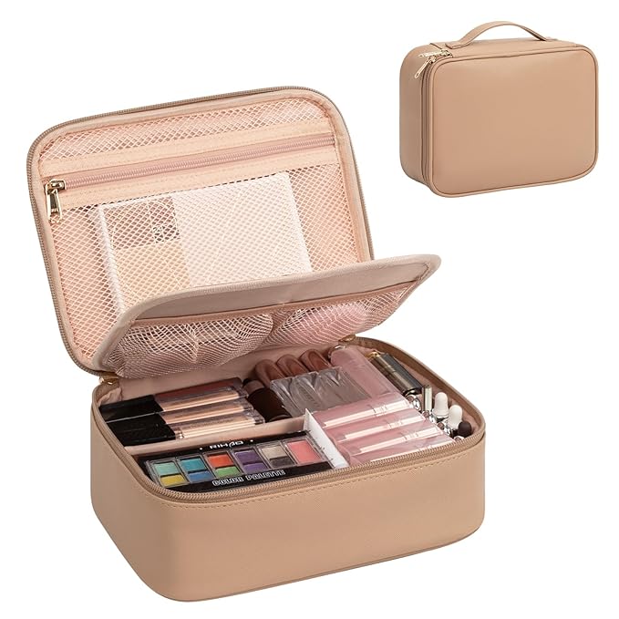 OCHEAL Makeup Bag, Cute Makeup Organizer Bag Potable Make up Bag for Toiletry Cosmetics Accessories with Divider and Brushes Compartments, Makeup Travel Case - Beige Apricot