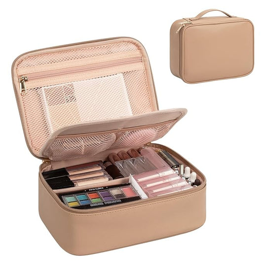 OCHEAL Makeup Bag, Cute Makeup Organizer Bag Potable Make up Bag for Toiletry Cosmetics Accessories with Divider and Brushes Compartments, Makeup Travel Case - Beige Apricot