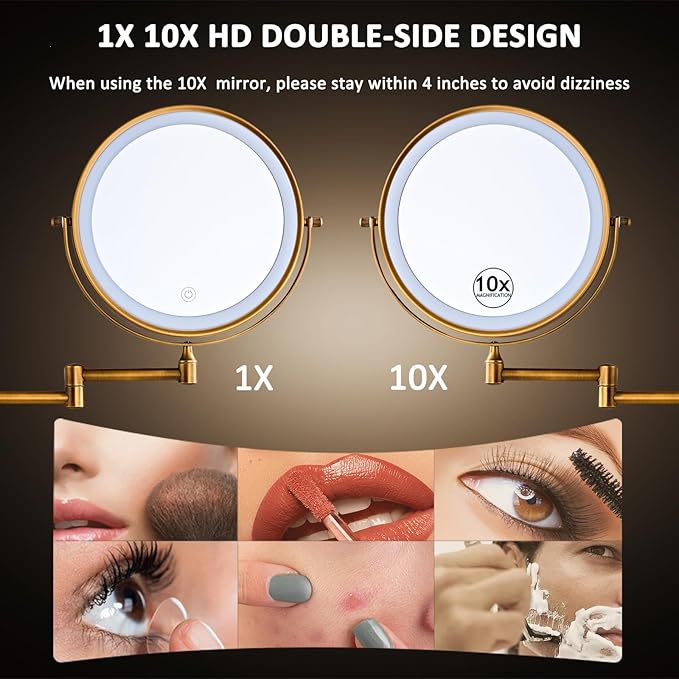 Rechargeable Wall Mounted Lighted Makeup Vanity Mirror 8 Inch Double Sided 1X 10X Magnifying Bathroom Mirror, 3 Color Lighting, Touch Screen Dimming, 360 Rotation Shaving Mirror…