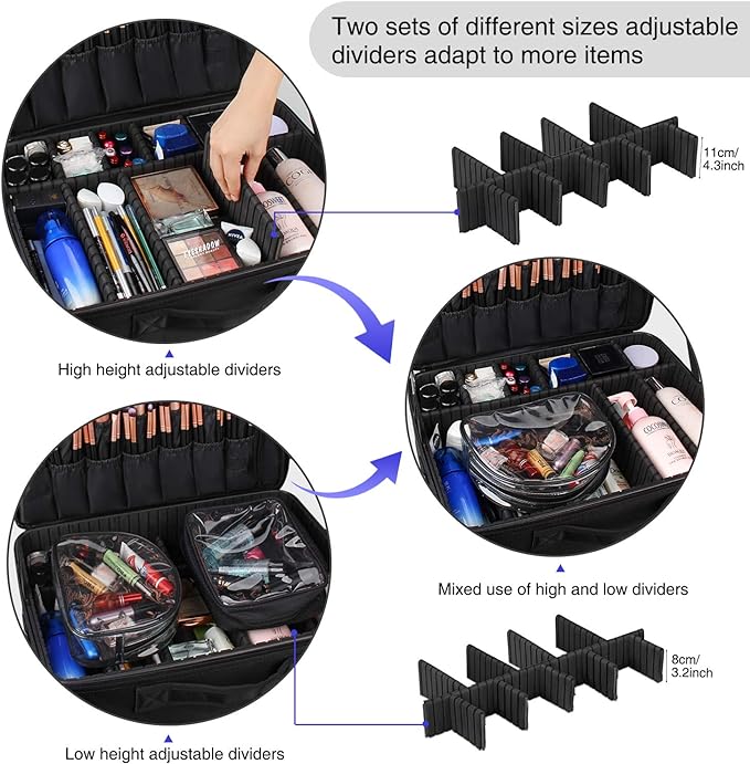 Relavel Extra Large Makeup Case and Clear Makeup Bag, Travel Cosmetic Train Case Professional Makeup Artist Bag with Adjustable Dividers and Shoulder Strap, Portable Nail Organizer Box (Black)