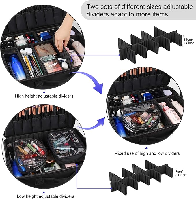Relavel Extra Large Makeup Case Travel Makeup Train Case Professional Makeup Artist Bag Portable Nail Organizer Box Art Supply Case with Adjustable Dividers/Attach to Trolley/Shoulder Strap (Black)