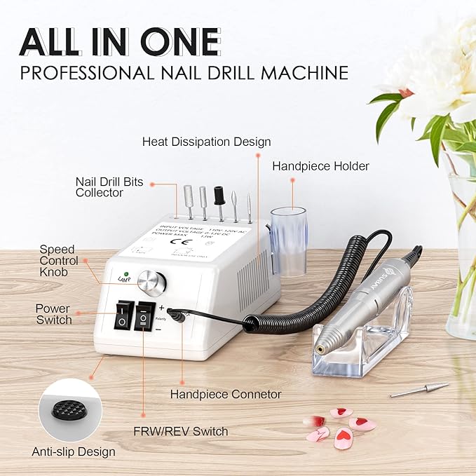 SUBAY Professional Finger Toe Nail Care Electric Nail Drill Machine Manicure Pedicure Kit Electric Nail Art File Drill with 1 Pack of Sanding Bands, White