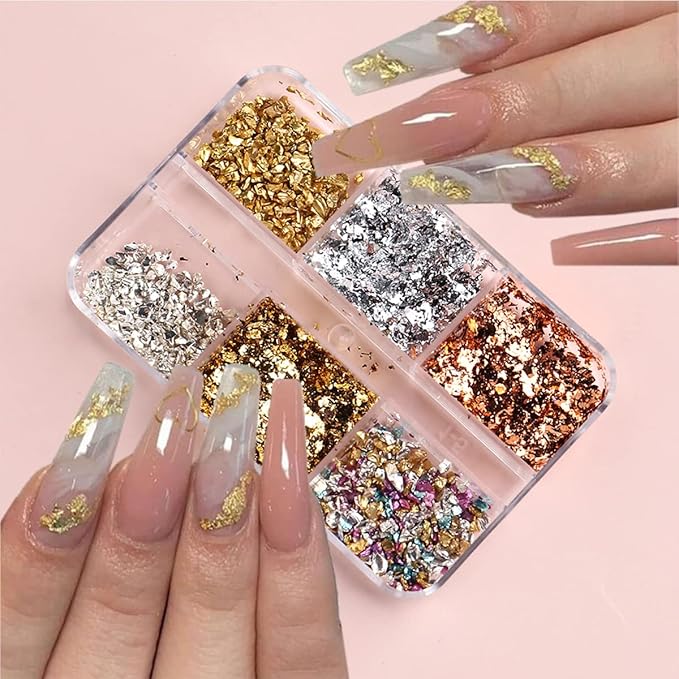 6 Colors Metallic Nail Art Foil Holographic Dazzling Irregular Nail Sequins Gold Silver Design Nail Glitter Shiny Nail Accessories for Face Eye Nail Art Supplies for Women Party DIY Nail Decoration